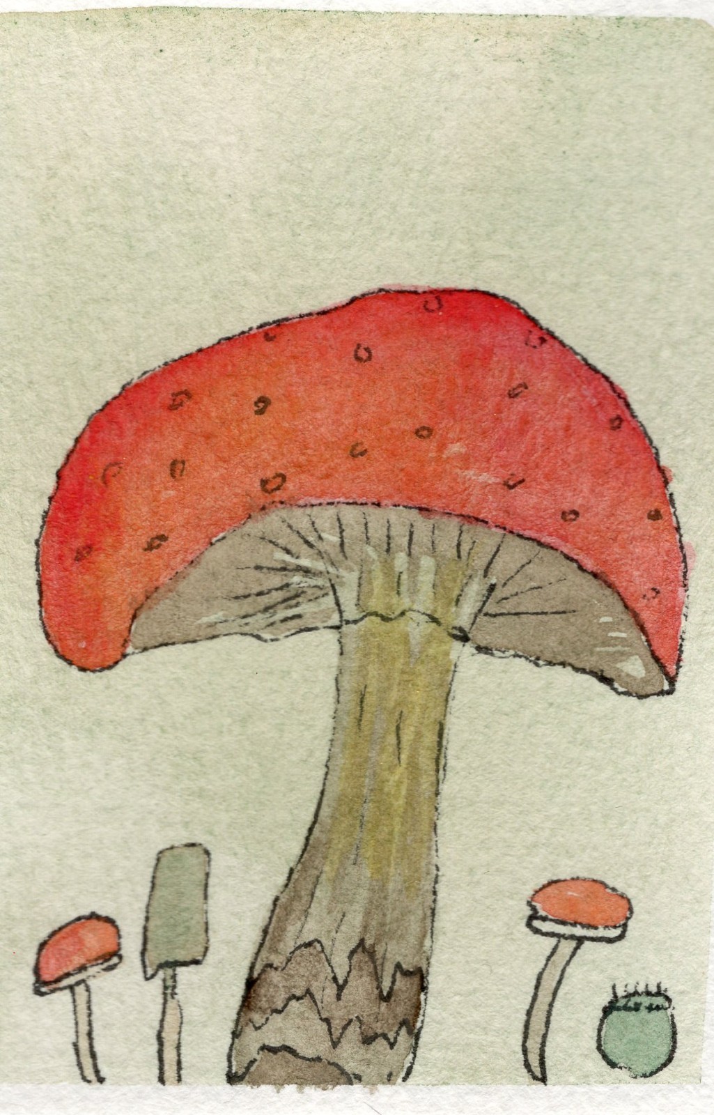 Original Watercolor ACEO Mushroom Art – Whimsical Nature Mini Painting OOA