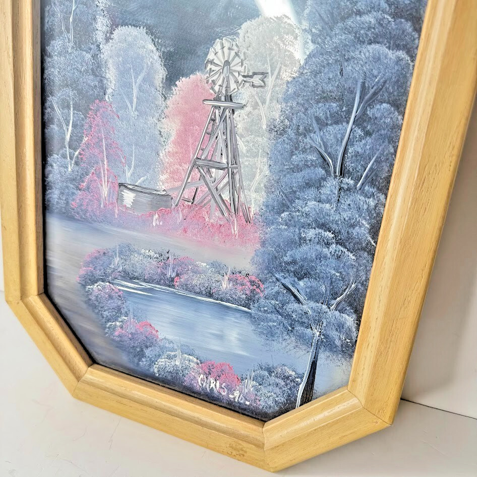 Vintage Original Landscape With Windmill/Trees/ Pond Painted on Mirror Singed