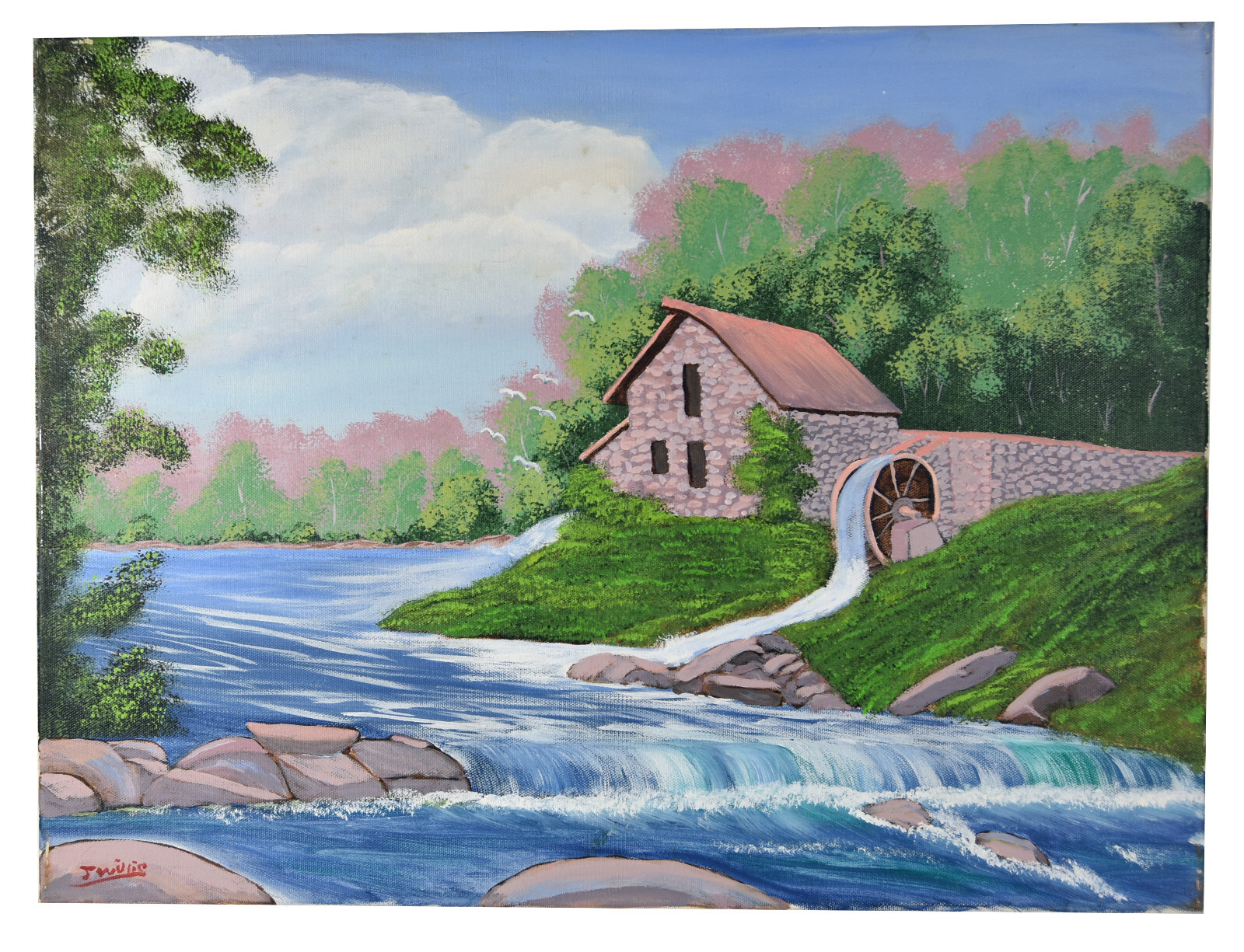 24″ Oil Painting Canvas Americana Watermill River View Forestscape Sky Decor