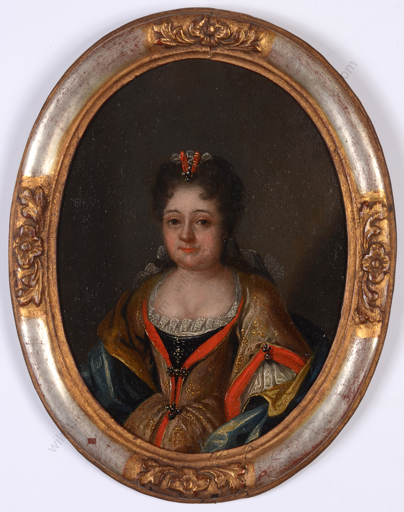 «Aristocratic lady», French large, oil on copper miniature, ca. 1700