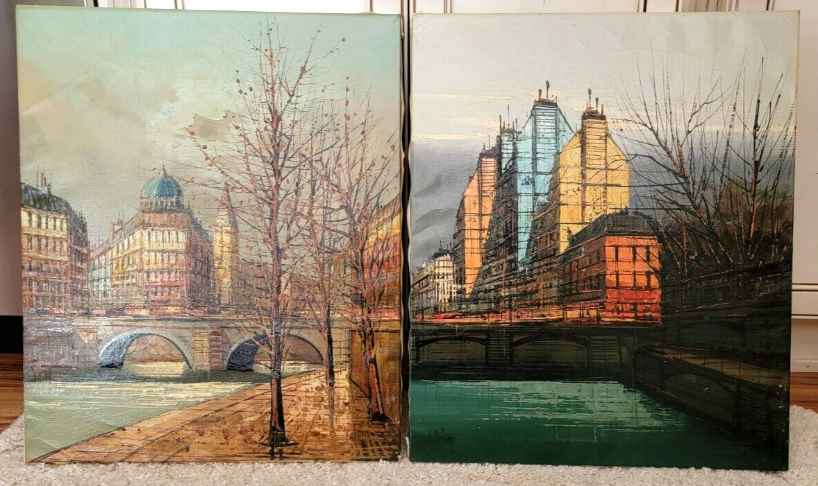TWO Vintage GIOVANNI LENTINI Original Oil Paintings BRUTALIST Cityscapes
