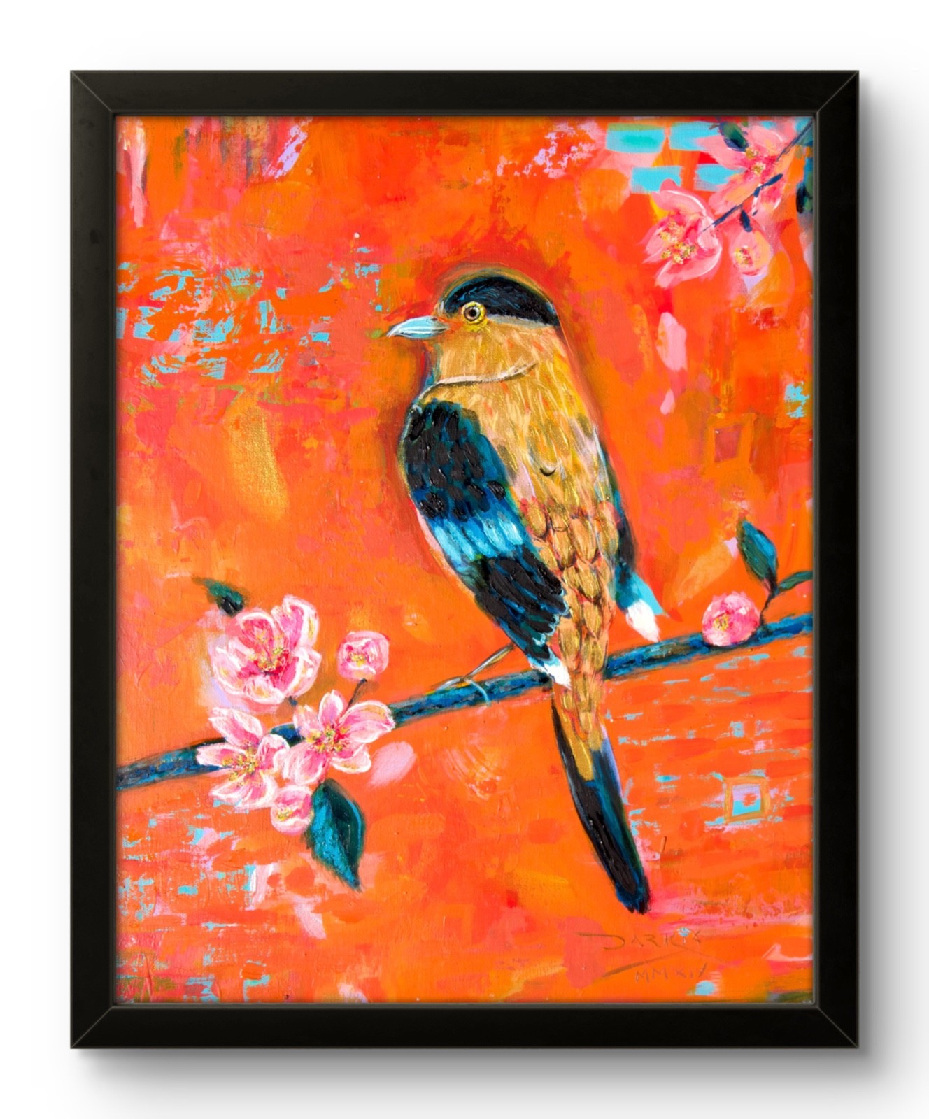 Original Bird Wall Art 11X14 Golden Songbird Painting Coral Floral Branch CP 21