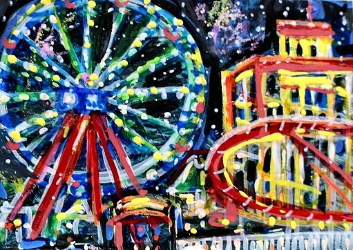 ORIGINAL ACEO Painting CARNIVAL Fair Amusement Park Ocean City Rides Fun ATC ART