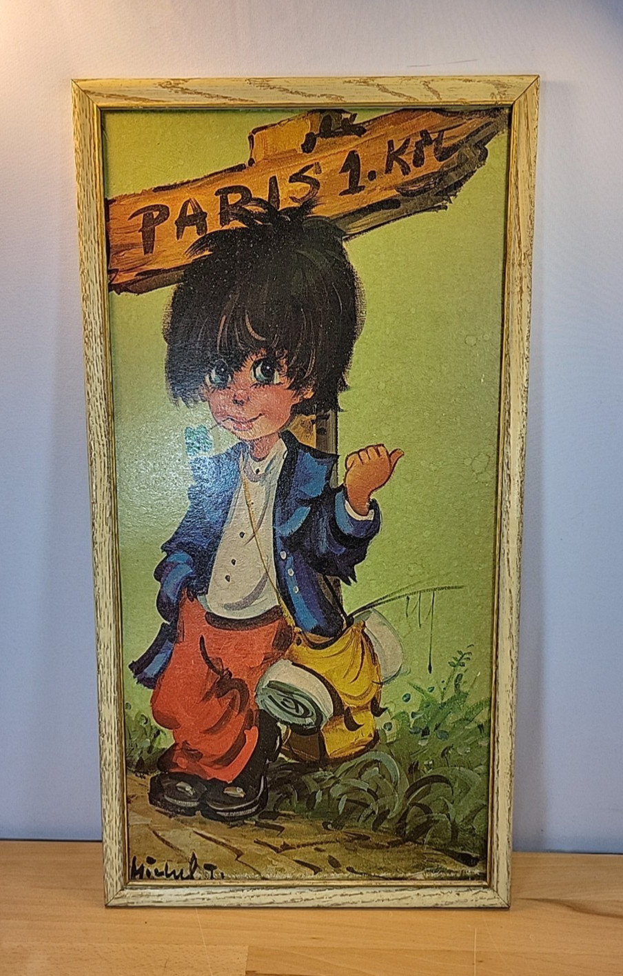 Vintage 1960s Mid Century Big Eye Boy Hitchhiker Print On Texture Board Michel T