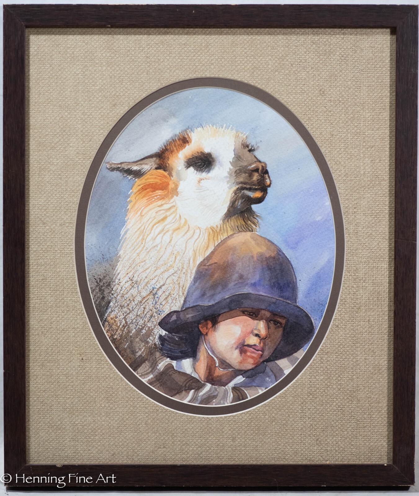 Beautiful Vintage South American Watercolor Portrait of Boy and Alpaca, Framed