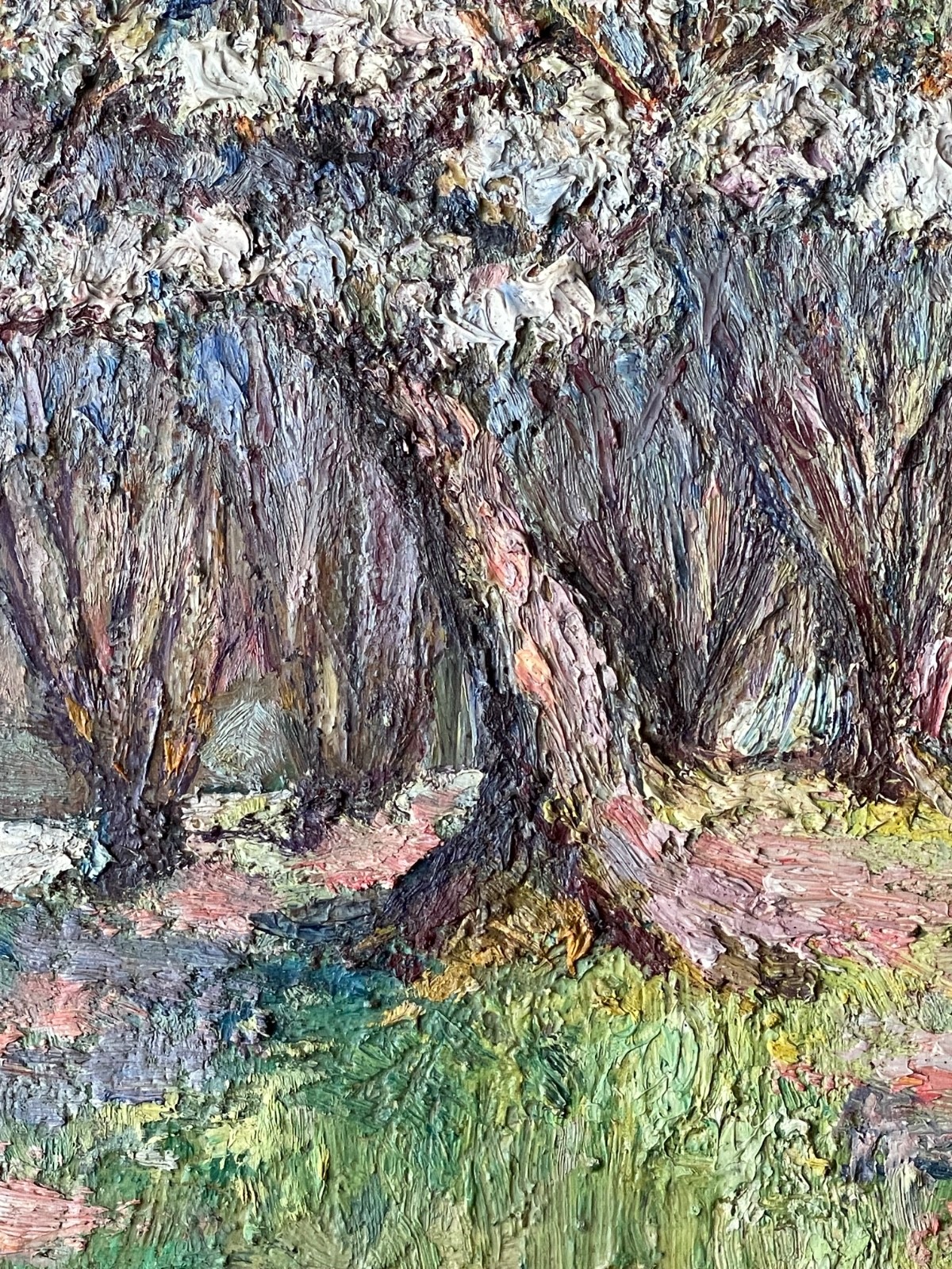 Antique Impressionist Oil Painting Panel Manner Pissarro Countryside in Spring