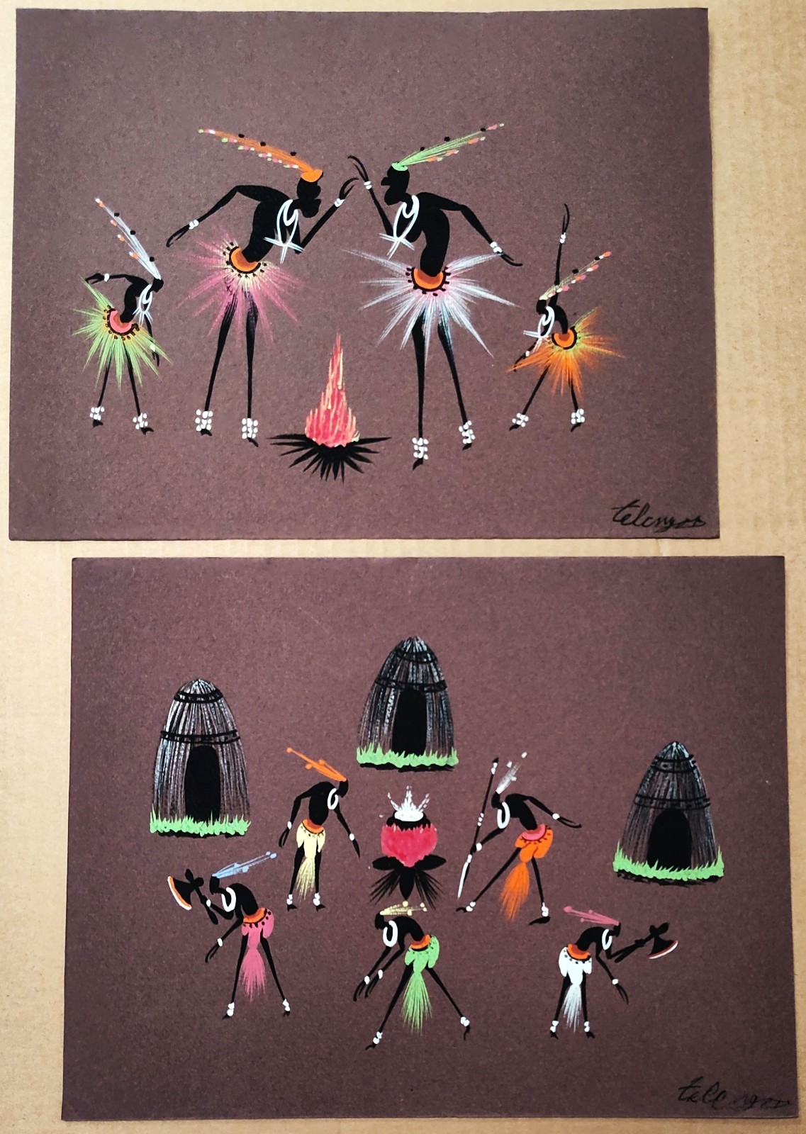 Lot of 2 African Tribal folk art 1950’s Belgian Congo Gouache Paintings, Signed