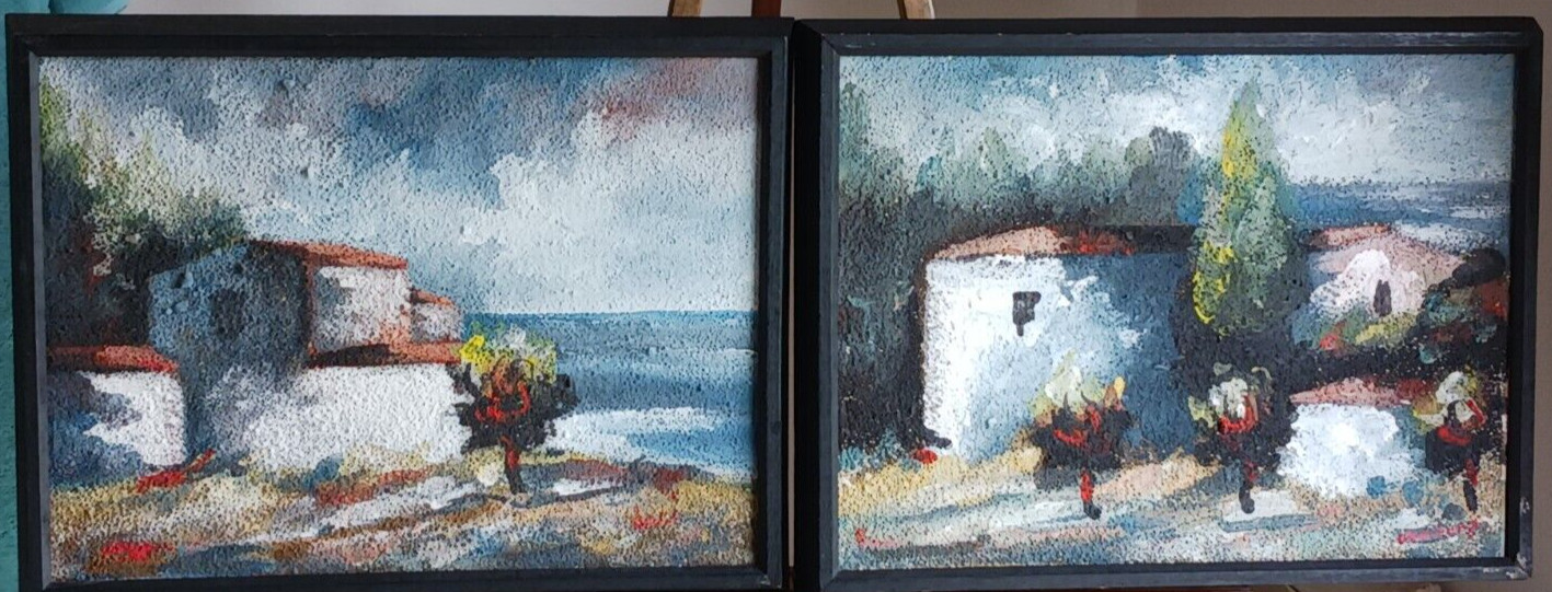 Vintage Signed paintings Italy Greece Mediterranean White Cottages signed