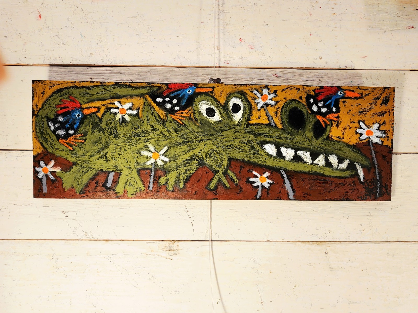 John Sperry Southern Primitive Gator N birds Folk Art Guinea Hens Painting