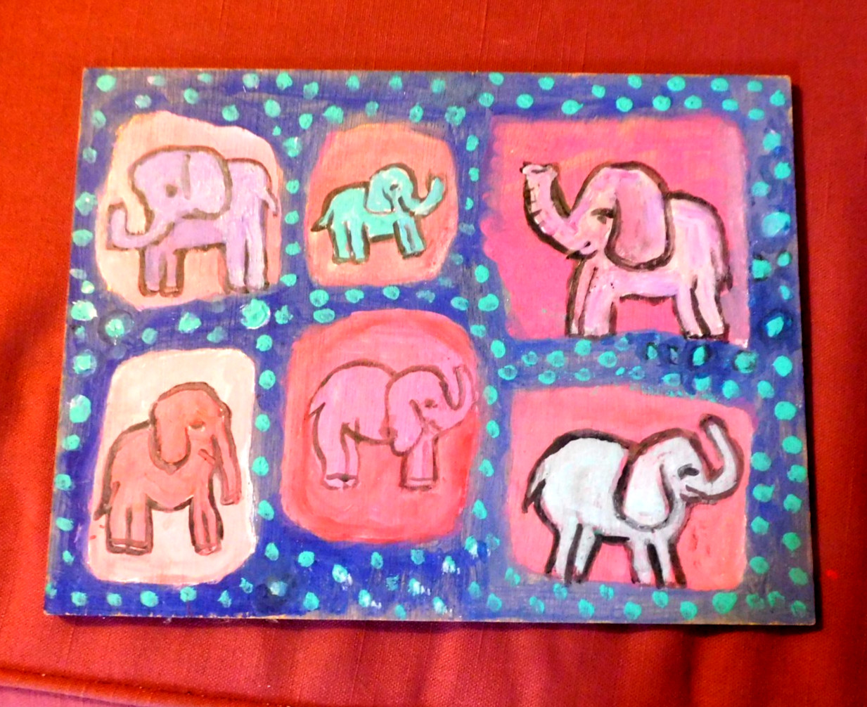 my outsider multi image elephant painting on wood ,save wild life