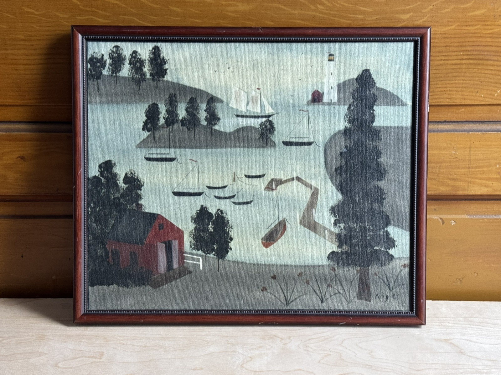 Hope R. Angier ‘Harbor Scene’ Original Oil Coastal Painting Folk Art