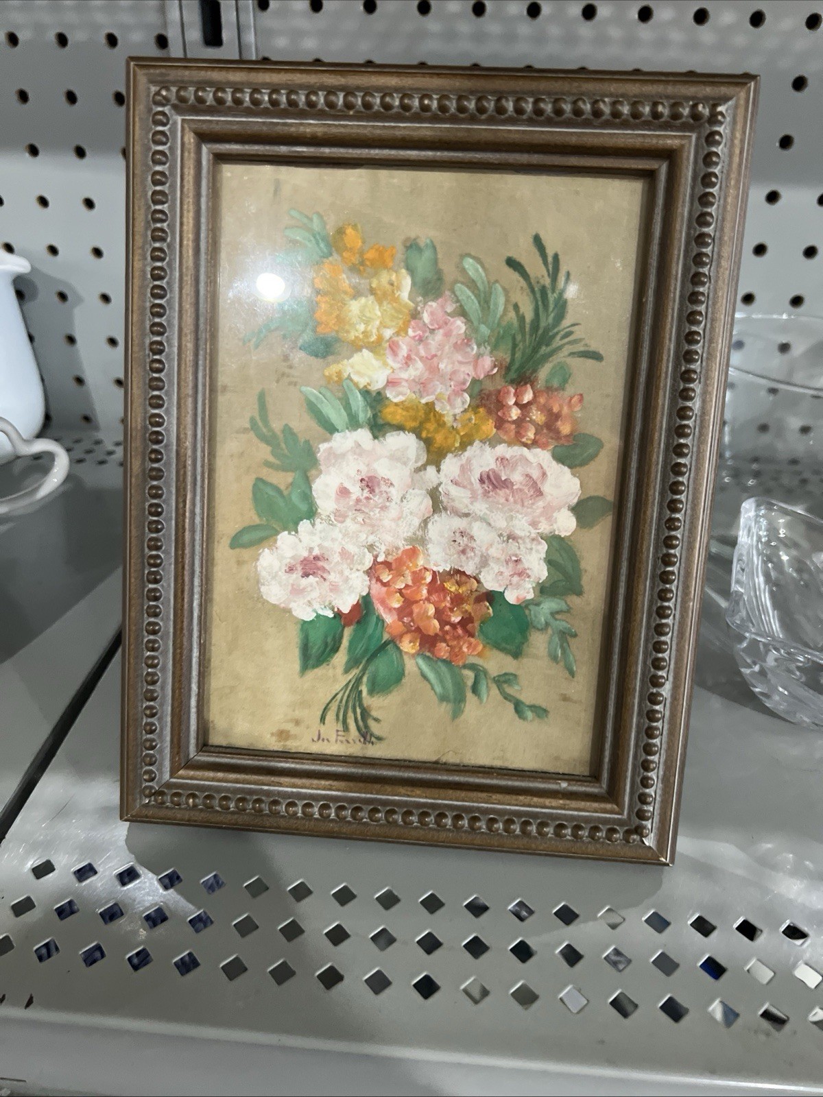 Vintage 5”x7” Hand painted Oil On Fabric Floral In Vintage Frame Signed