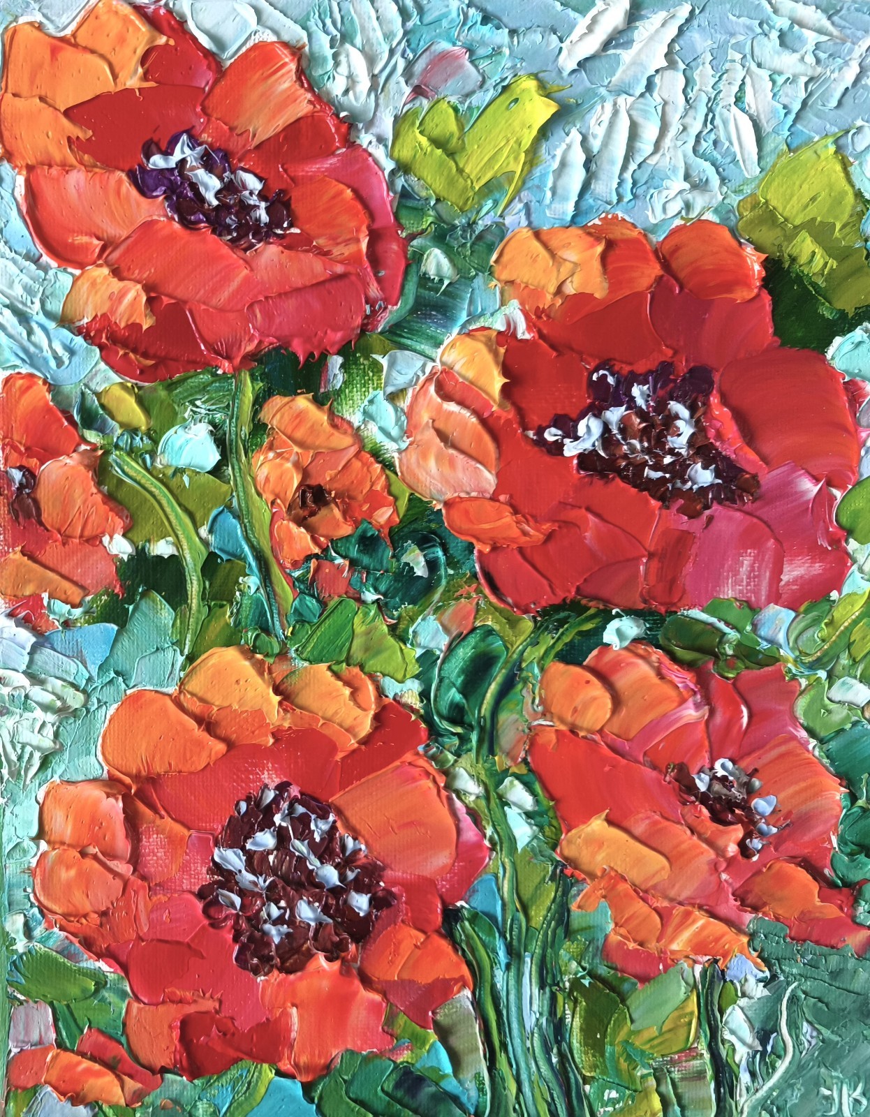 Original Oil Painting Red Poppy Flower Impasto Art on Canvas 25x20cm Signed
