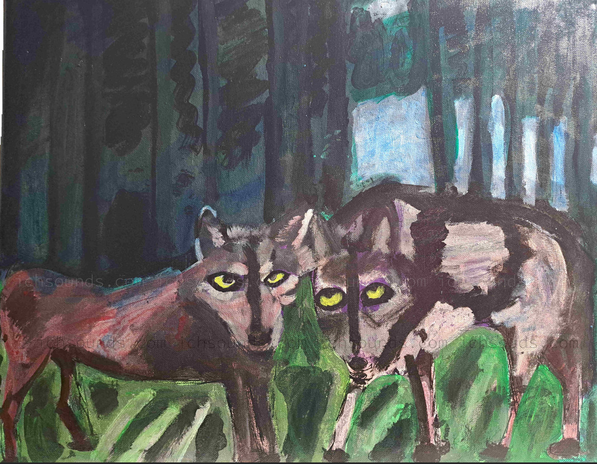 Original 16″x20″ wolves in forest oil painting on stretched canvas