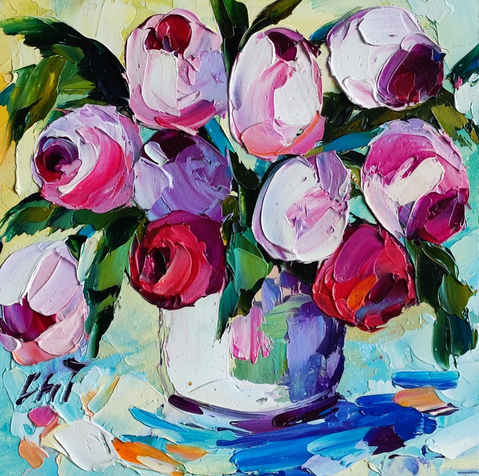 original oil painting Tulips Colorful Flowers artwork Floral wall art 6*6 in