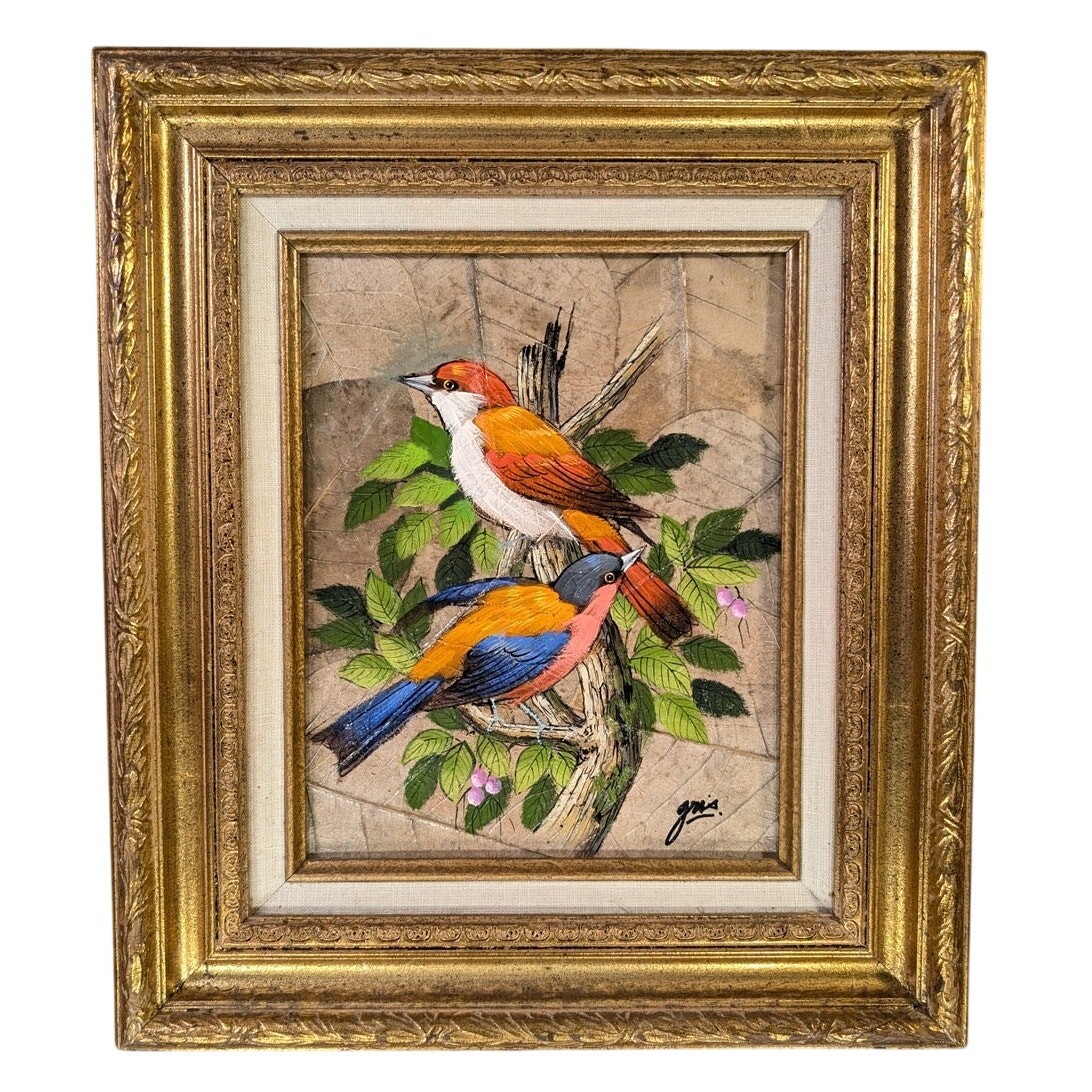 Original Gris Bird Painting Oil on Tobacco Leaf Beautifully Framed 13.5×15.5