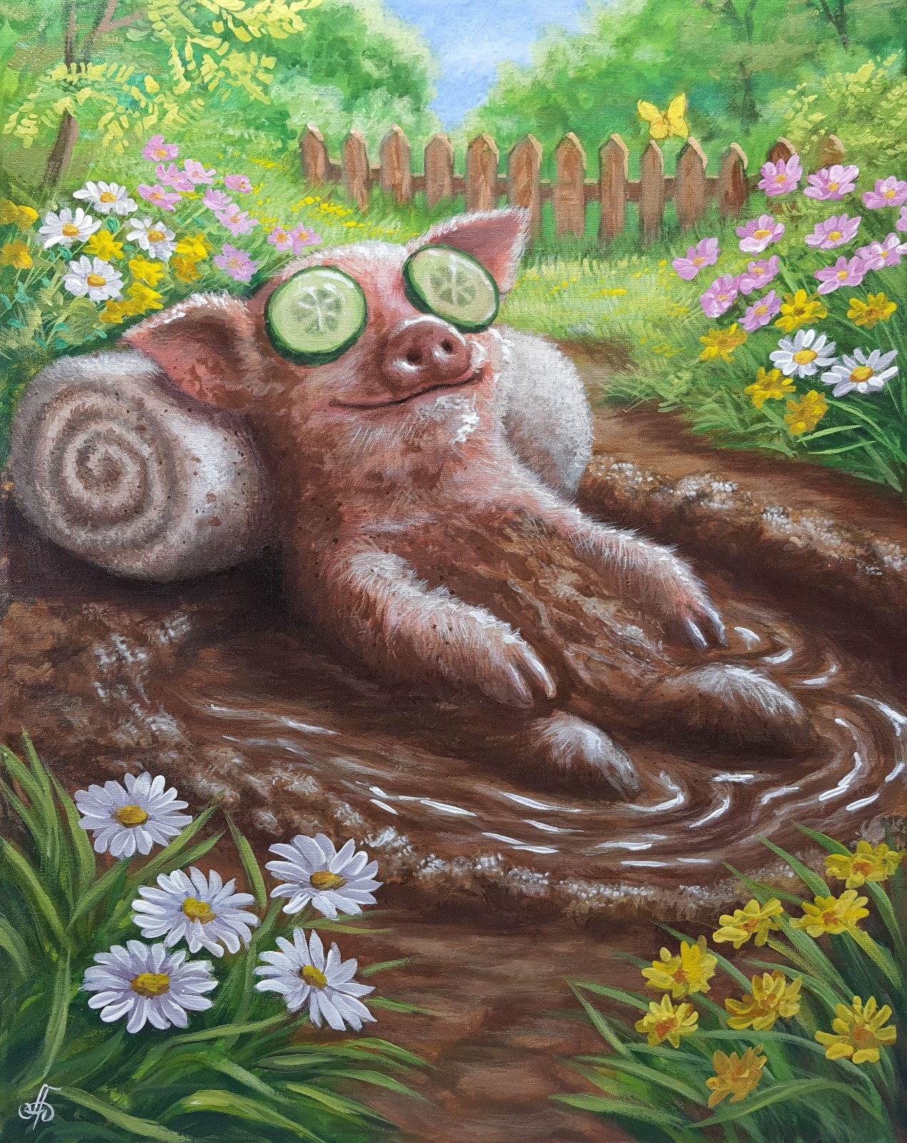 Original Acrylic Funny Pig Painting Mud Spa Humor Farm Animal Art OOAK 16×20