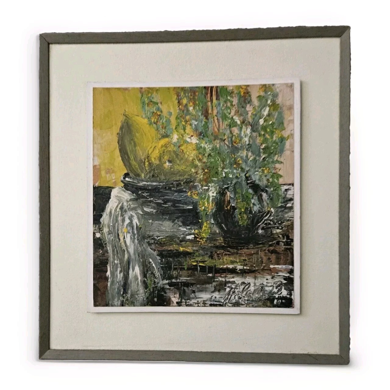 MCM Semi-abstract Still Life Oil Painting W Palette Knife Signed ’73- 15″×13″