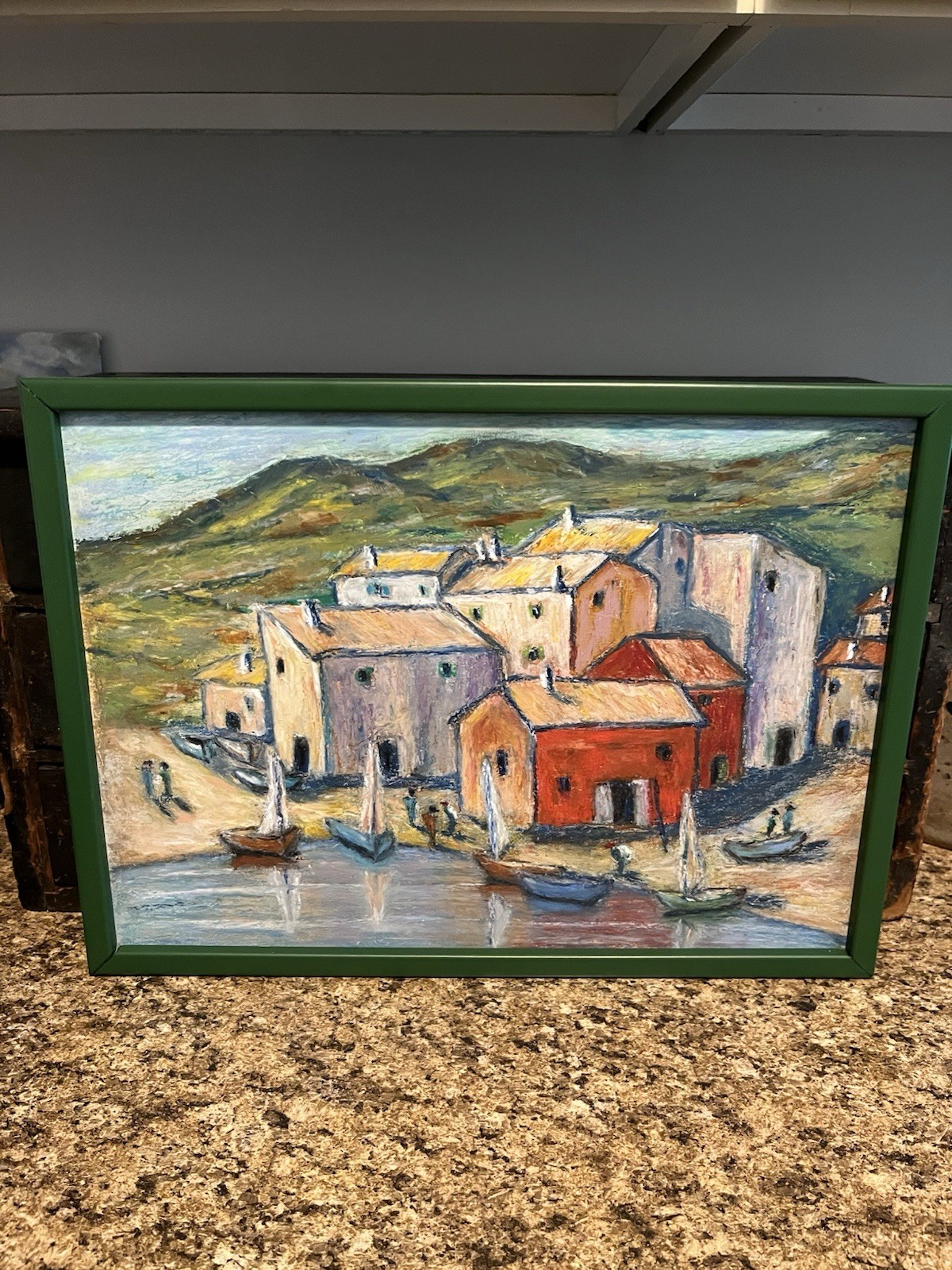 Vintage Original Chalk Drawing -Seaside Village-sailboats-Green Frame-16”x11 3/4