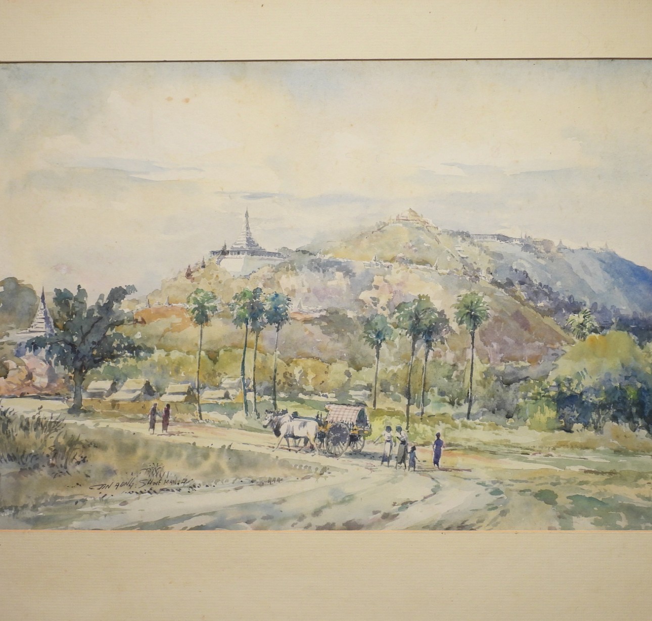 Tin Aung Htaik Burmese Artist Shwedagon Buddhist Pagoda Village Life WC Painting