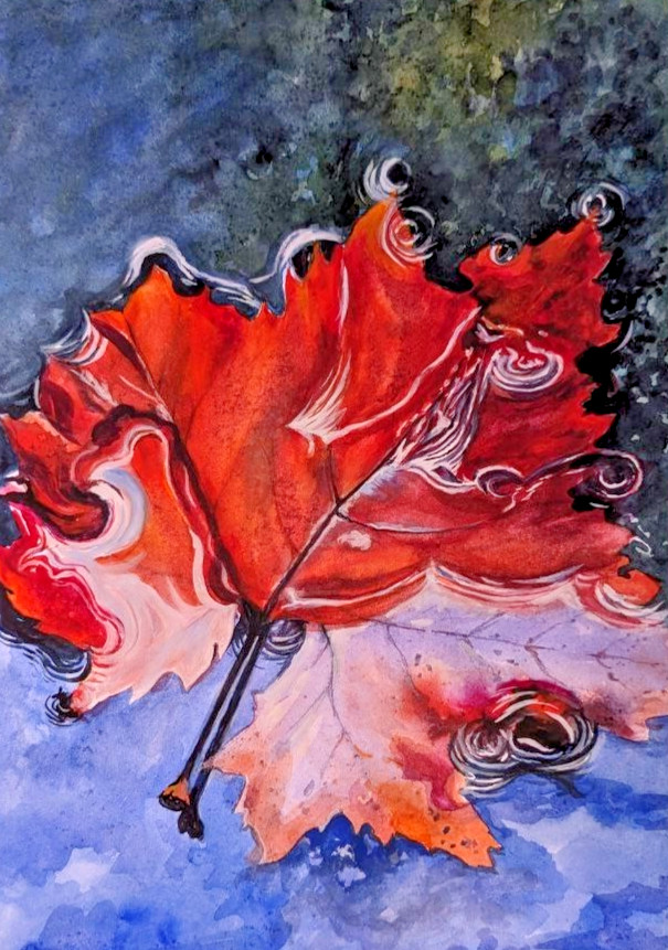 Autumn Red Orange Leaf in Water Puddle Watercolor Painting Fall Reflection Art