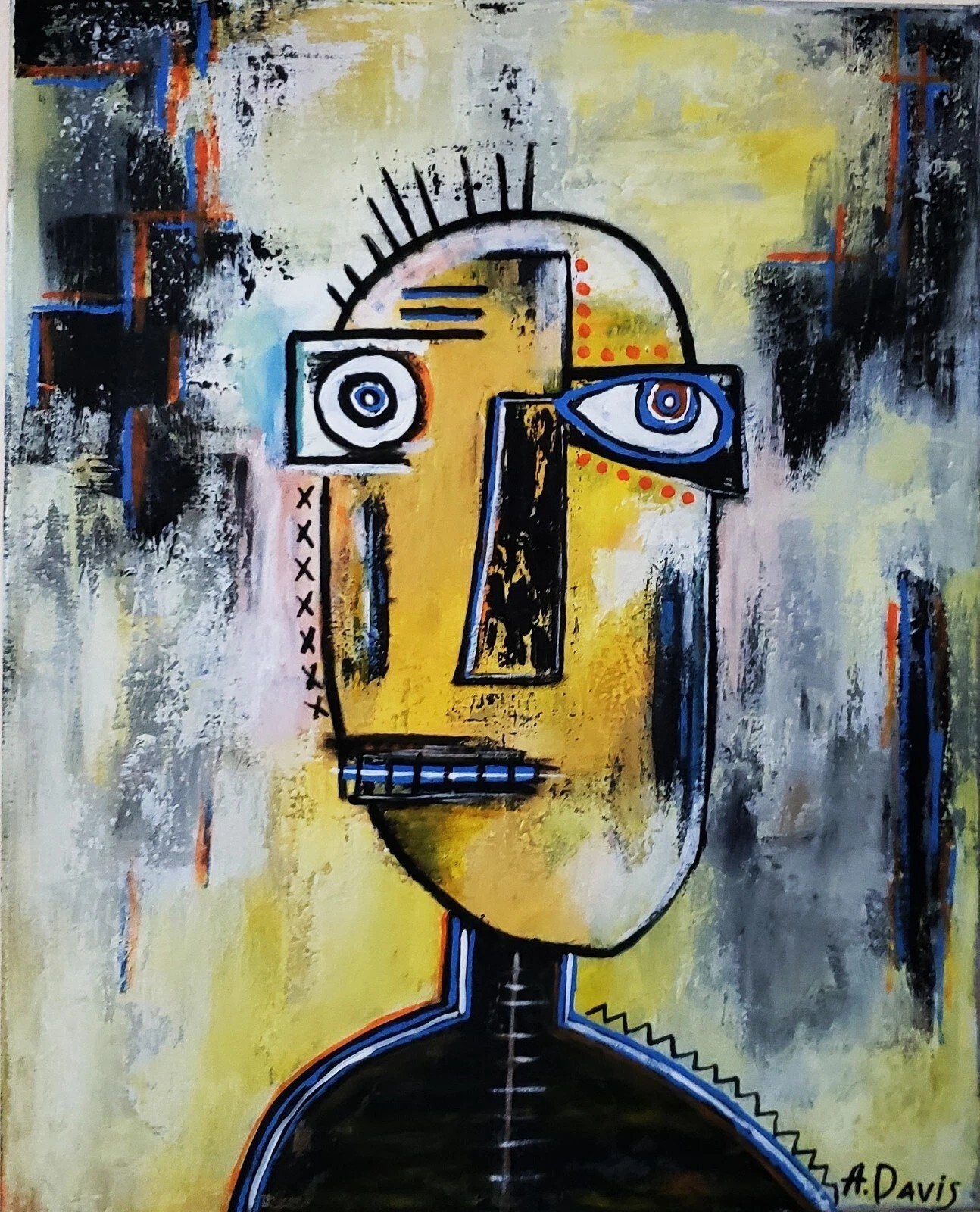A.Z. Davis 20″ x 16″ Painting Abstract Modern Folk Pop Outsider Art Portrait Men