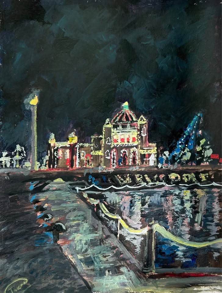 Winter City Night Painting, Holiday Lights Cityscape, Handmade, Signed by Artist
