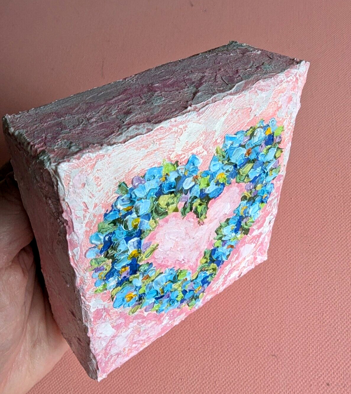 Forget-me-not ORIGINAL OIL impasto HEART Painting 4″X4″ X 1.5″ by Olga Diduh.