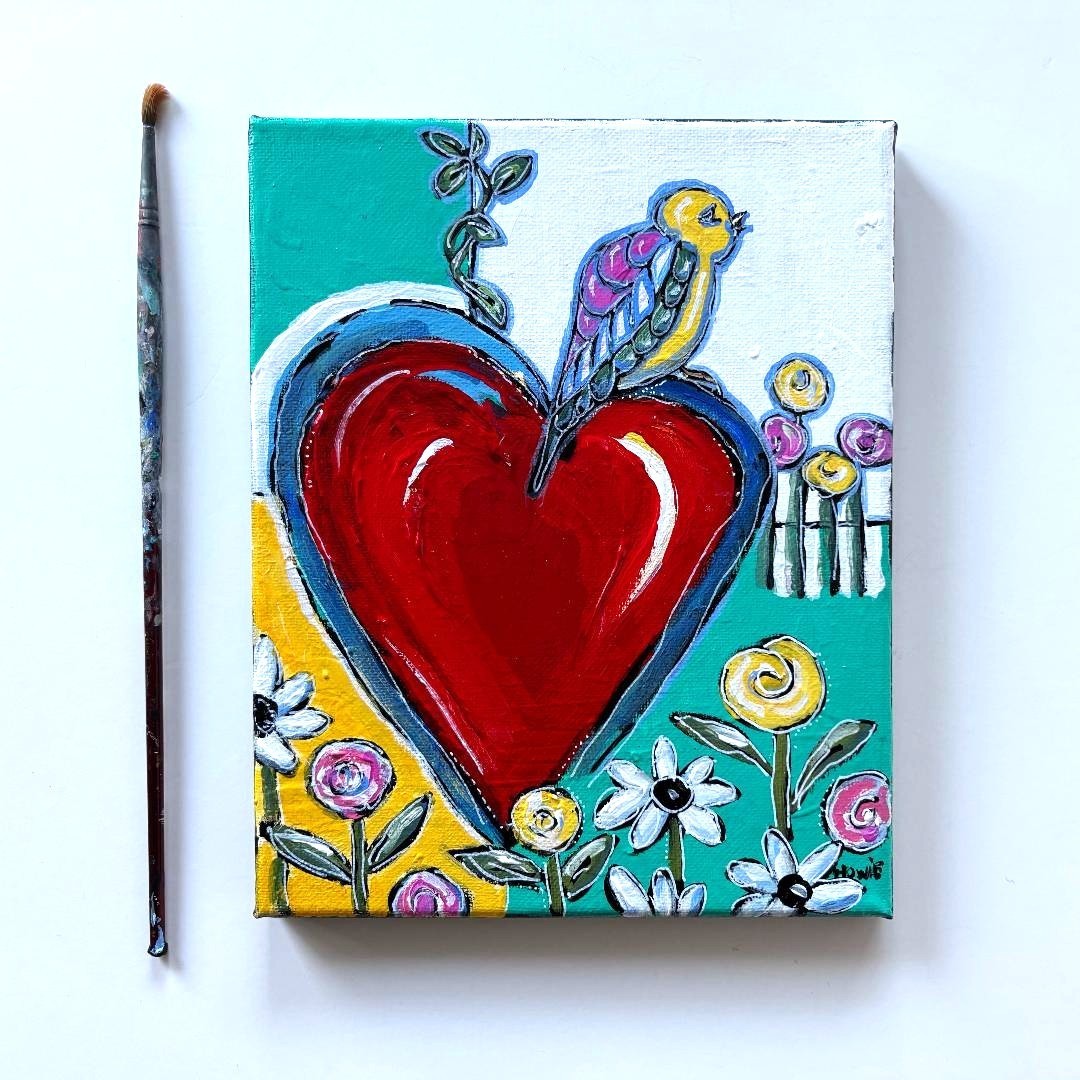 RED HEART and Bird PAINTING Acrylic Whimsical ORGINAL CANVAS  8 x 10 OOAK