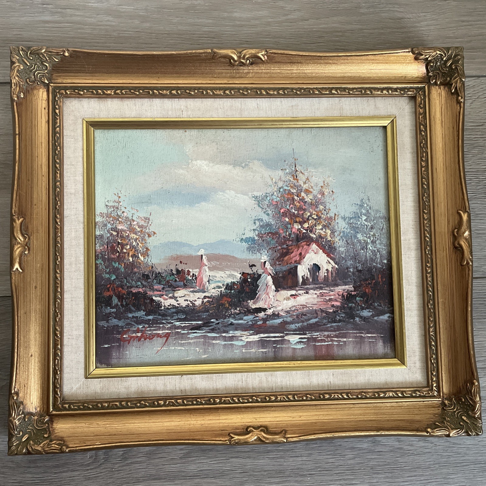 Original Impressionist Oil Painting on Board Victorian Scene Signed Gihong Frame