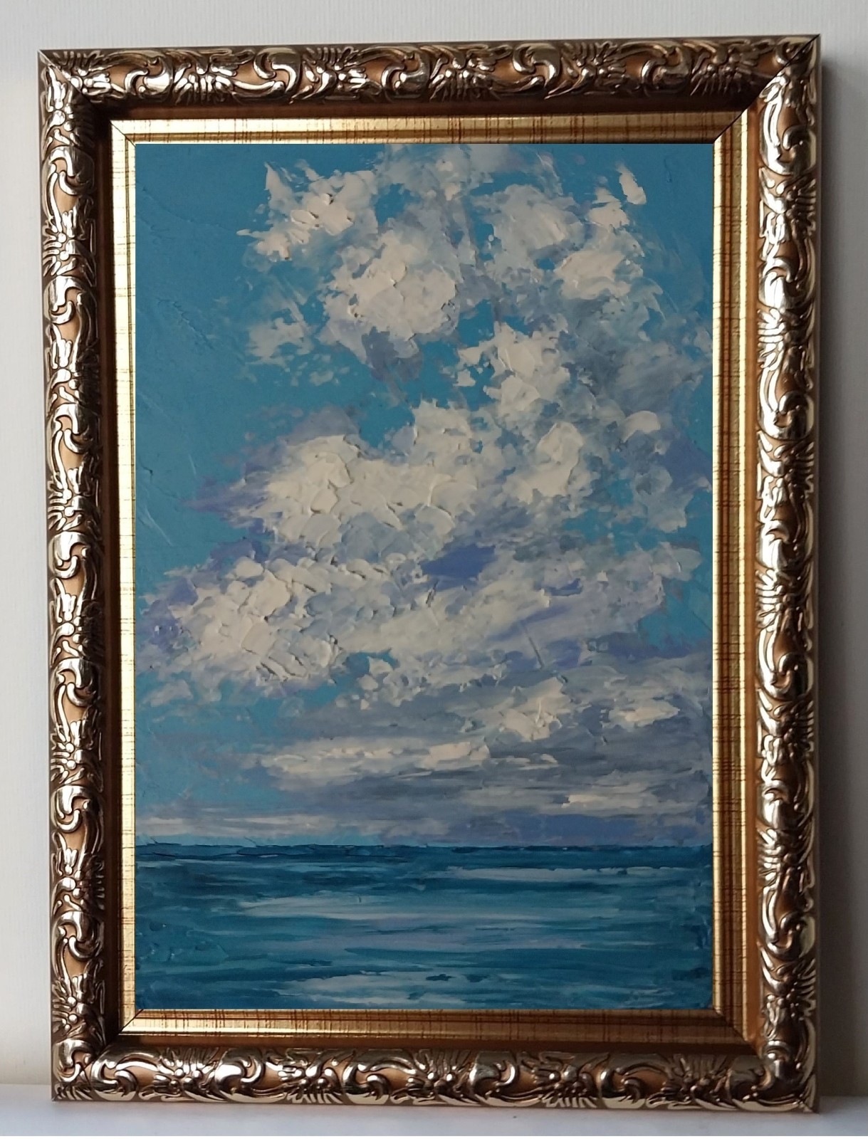 Framed Calm Cloud Art Mini Seascape Cloud Over Sea 4×6″ Original Oil Painting