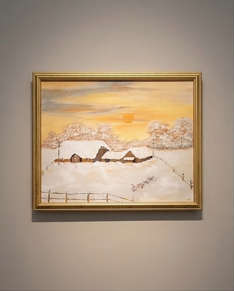 Vtg framed oil painting. winter landscape with snow-covered cabins at sunset.