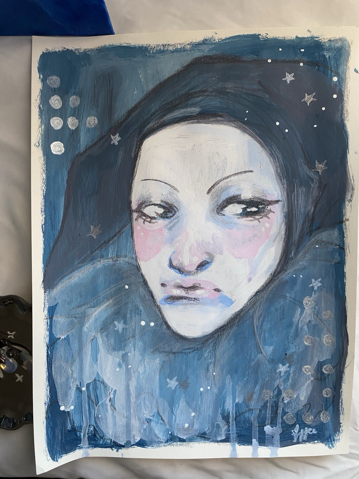 Dark Blue Green And Gray Jester Fantasy Painting On 9×12 Watercolor Paper