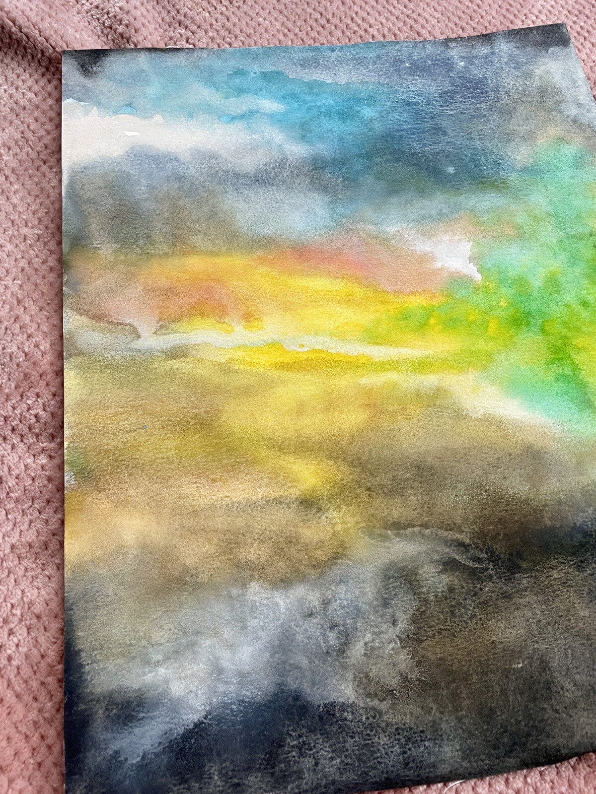 Original Watercolor Abstract, Unframed & Unique 11×14, Yellow, Green, Blue