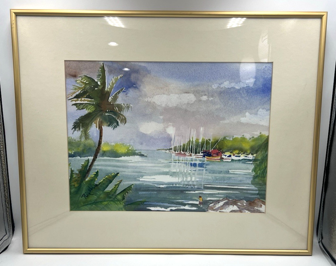 Orig Watercolor Painting Tropical Harbor Sailboats Signed Ritchie Framed 16″x20″