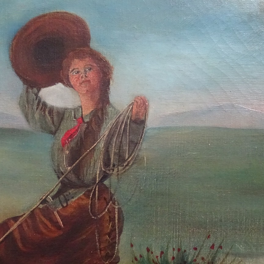 Antique Original Oil Painting on Canvas COWGIRL Roping A Bull Framed 17×16 in