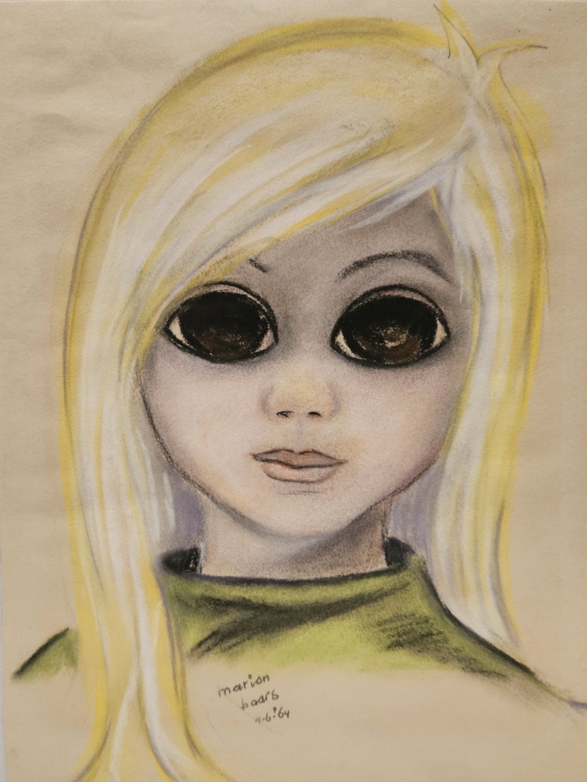 Vintage Margaret Keane Era Original Big Eye Girl Pastel Drawing Marion Baars «64