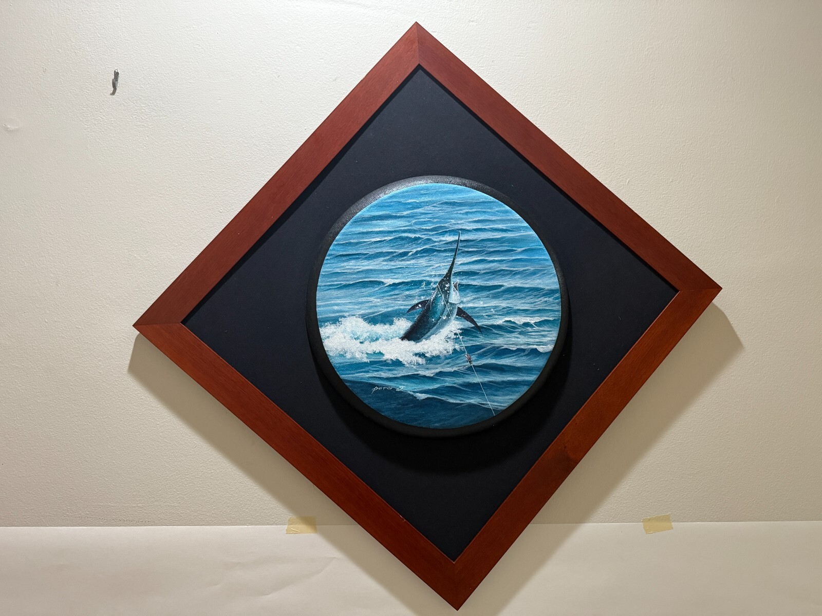 Peter J Fishing Original Oil Painting, Signed, Framed, 14 3/4″ x 14 3/4″ (Image)