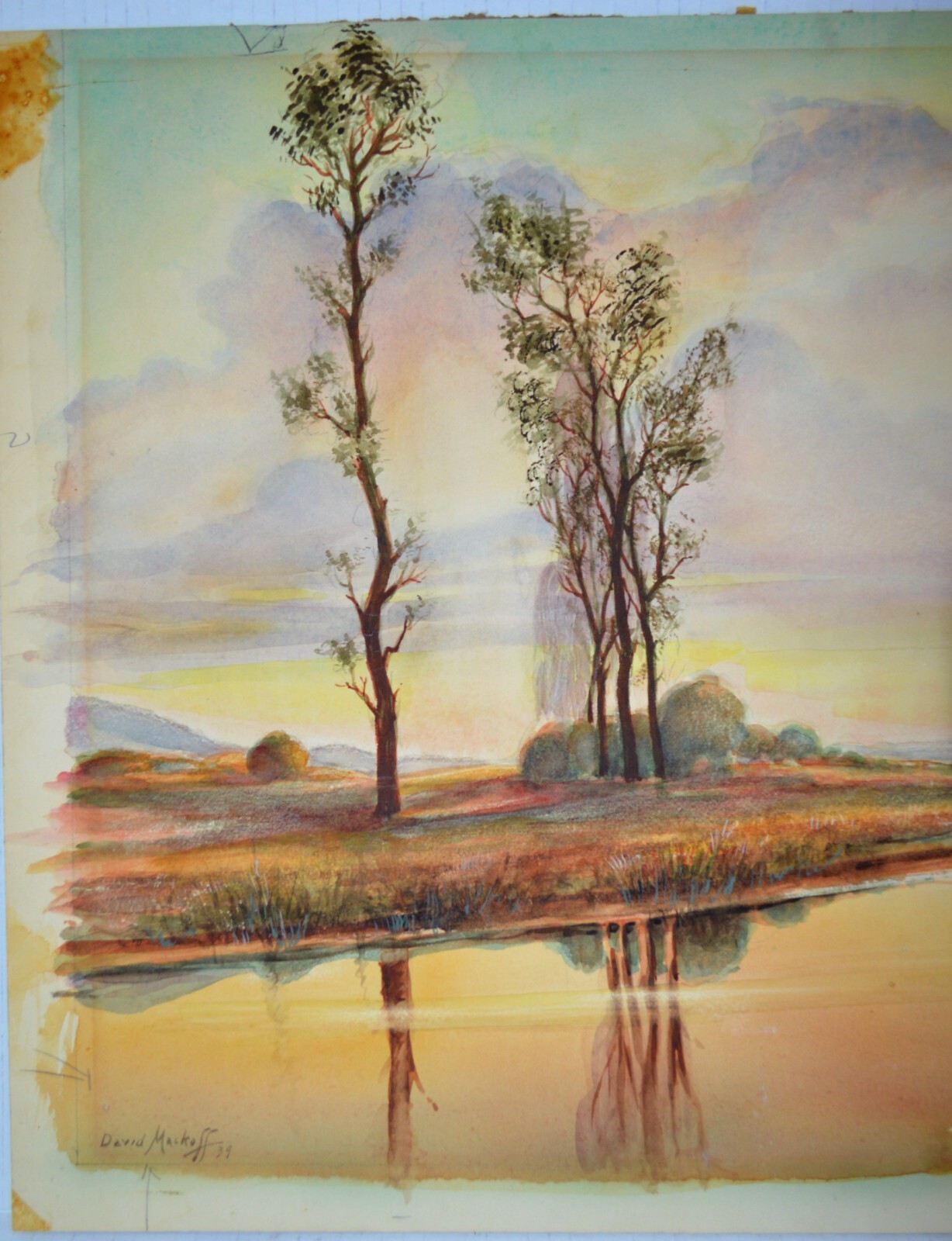 DAVID MACKOFF ANTIQUE WATERCOLOR ON CARDBOARD SIGNED DATED 1939 RIVER LANDSCAPE