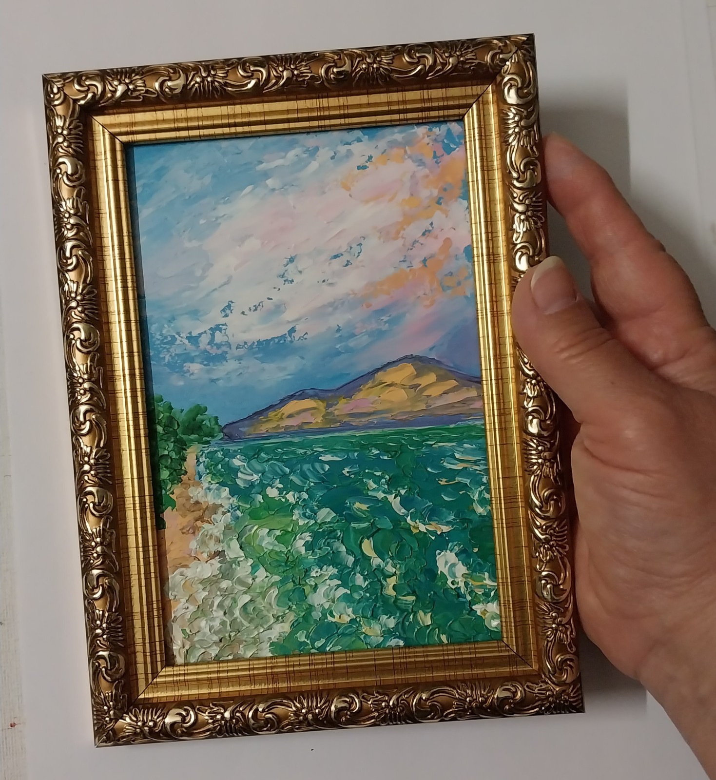 Framed Seascape Green Sea Seacoast Sunset Sky 4×6” Impasto Oil Painting Original