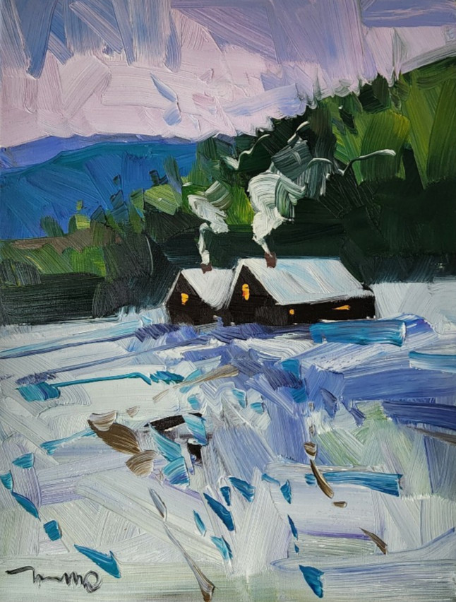 Jose Trujillo Original Oil Painting – 12×16 – Cabins in the Snow Winter Scene