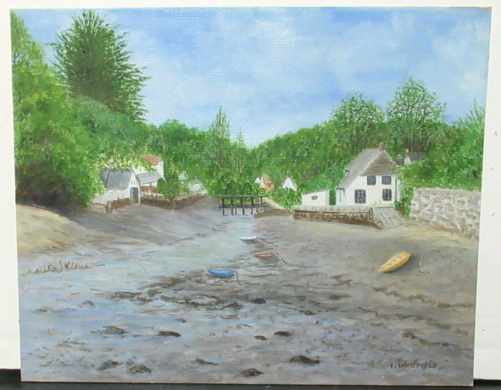 I.WHITFIELD BOATS ON A CREEK SMALL TOWN LANDSCAPE OIL ON BOARD PAINTING