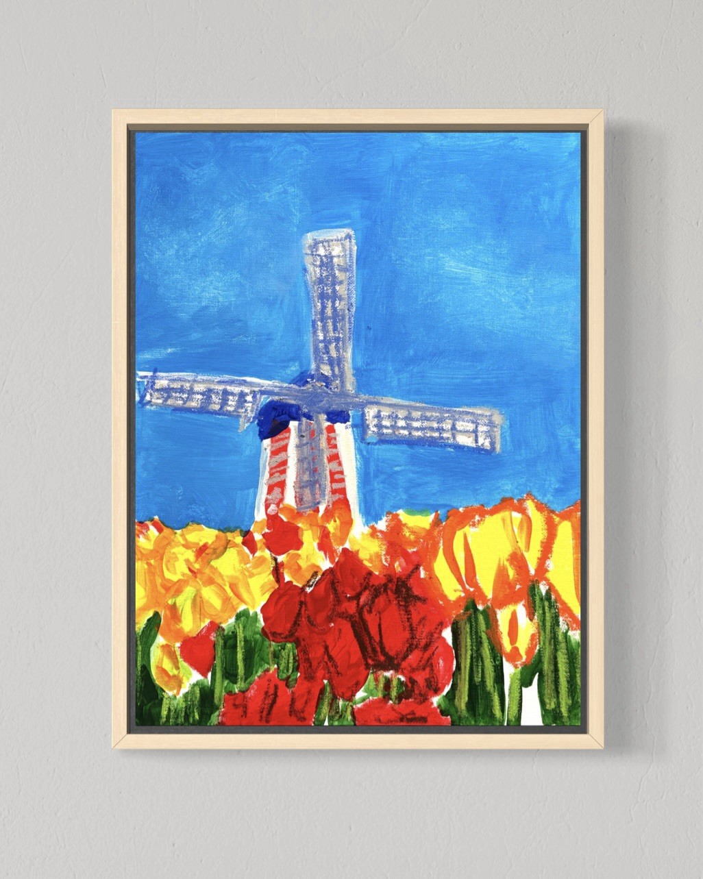 Windmill & Tulips 12×16 Canvas Abstract Colorful Landscape Original Art
