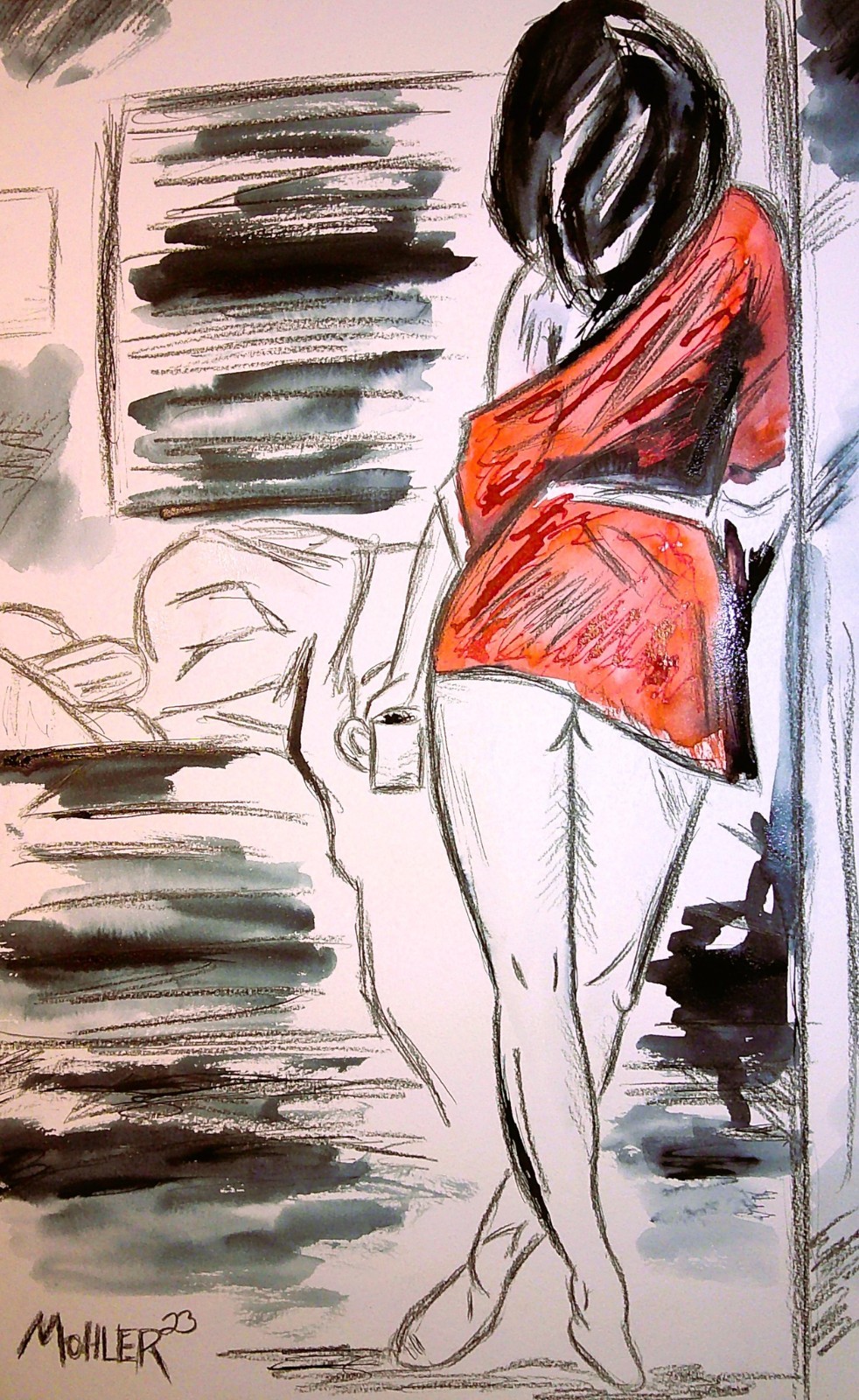 Painting original work «Morn’in» woman ink and watercolor on hard paper