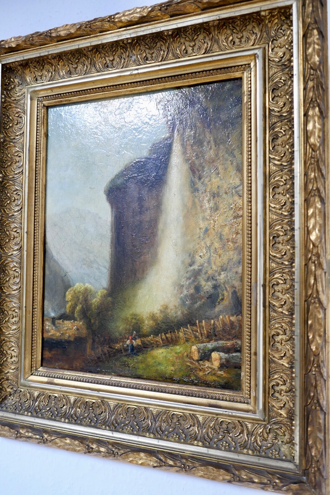 Antique Painting Mountain Cabin Landscape Oil Wood Magnificent Frame 51x42cm Signed R99
