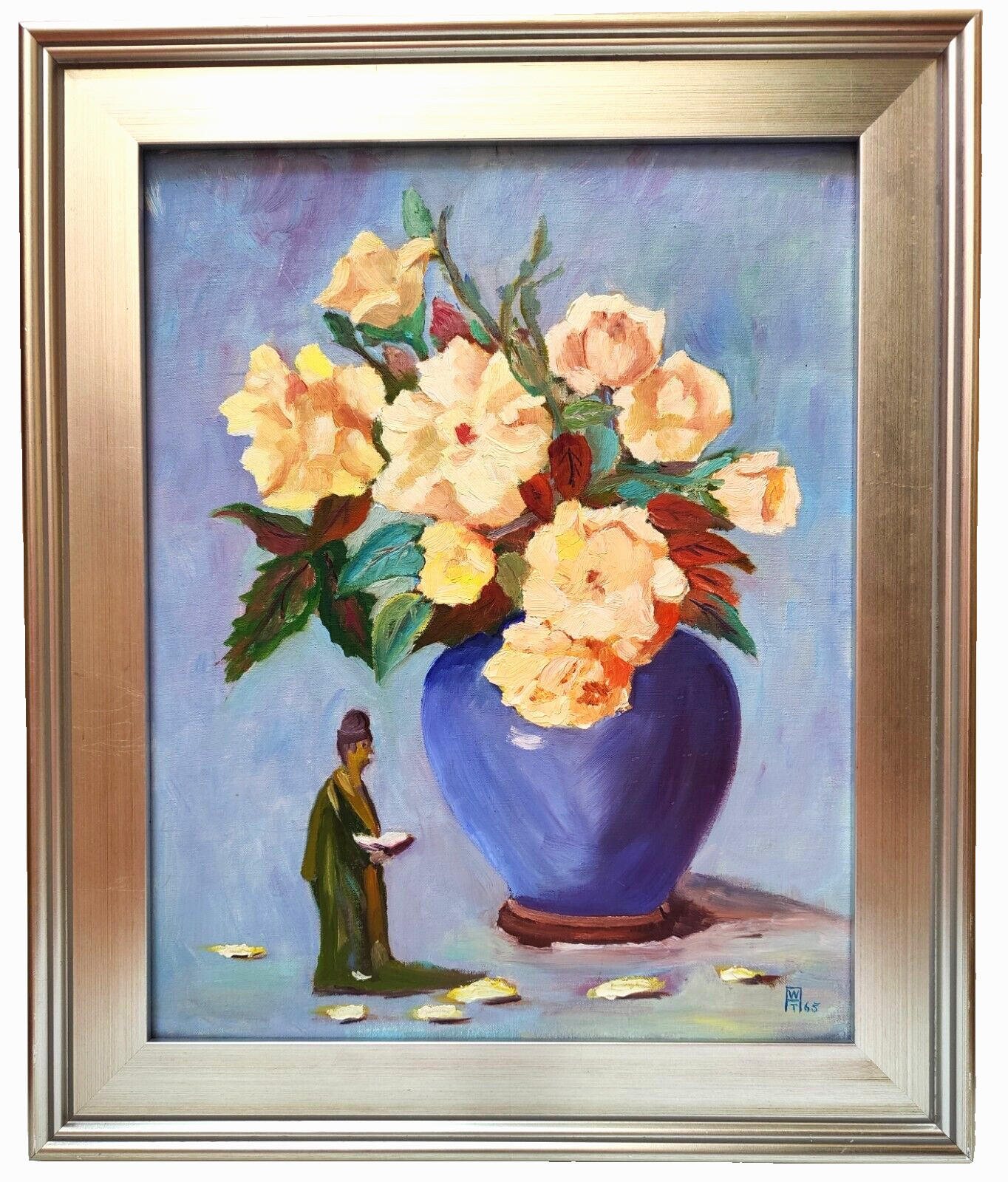 Vintage Still Life Flowers in Vase with Figurine Impressionist Painting Large