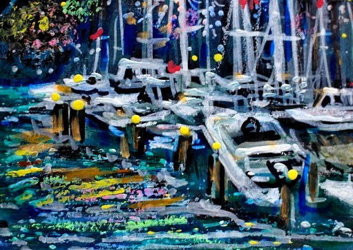 ACEO Original Painting FIREWORKS Summer Pier Marina Ocean Boat Bay Light ATC ART