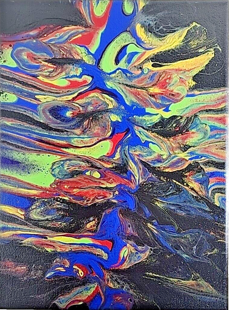 Acrylic Pour Painting Abstract Black Blue Yellow Red 9×12 Unframed OOAK Gift