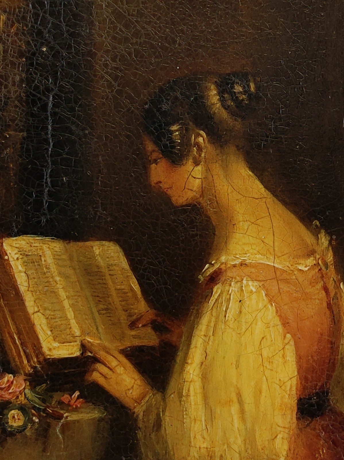 ANTIQUE 19TH C. INTERIOR GENRE SCHOOL OIL PAINTING ON CANVAS, «SUNDAY EVENING».