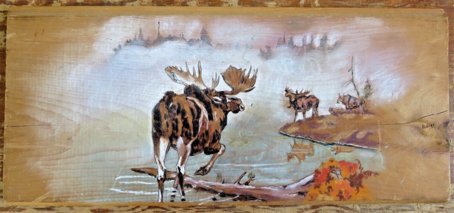 vtg Original Wood Burning painting Moose Lake/Forest – Leonard Rollins